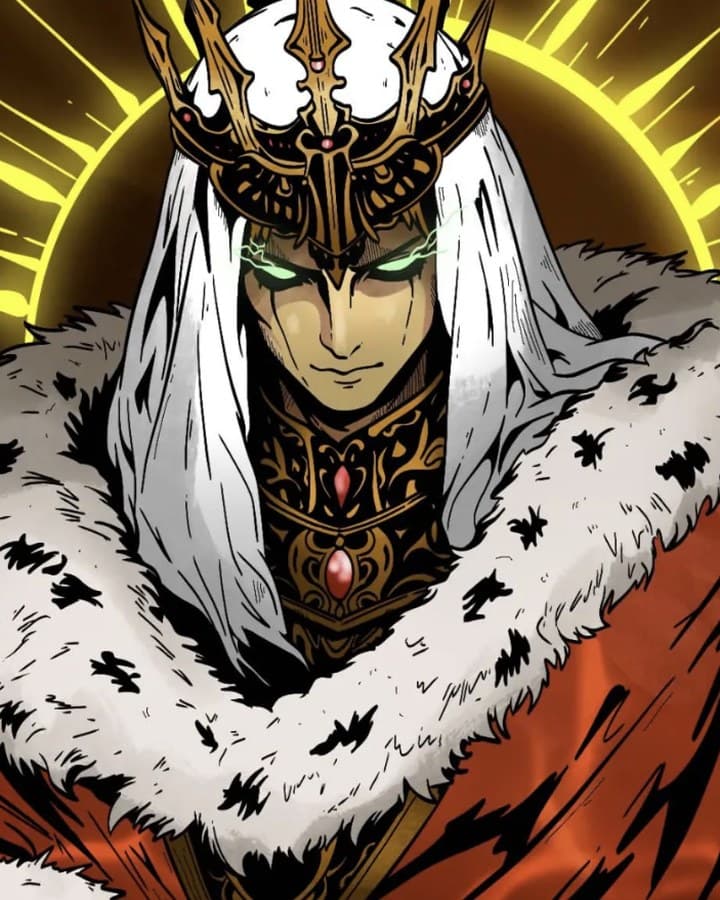 Ilustração do DrK, de coroa e manto, com olhos verdes e um halo dourado atrás