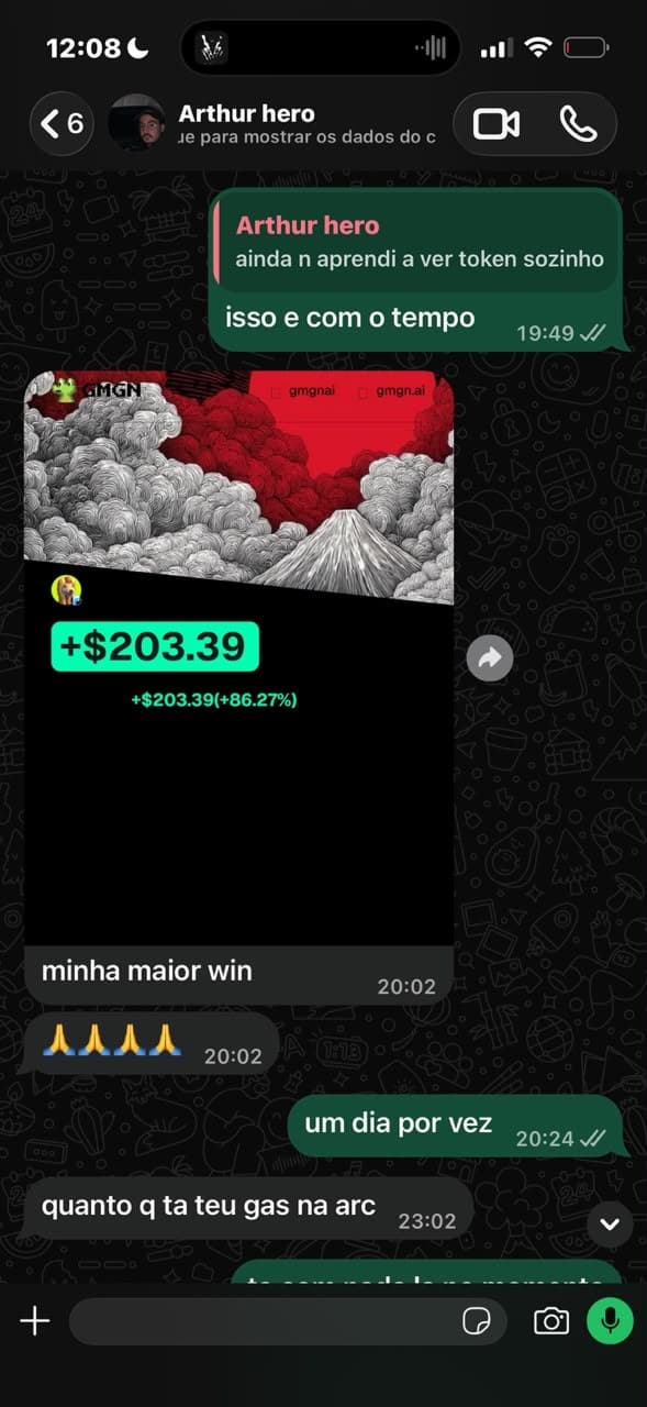 Print do aluno Arthur Hero: +$203.39. (+86,27%) · “minha maior win”