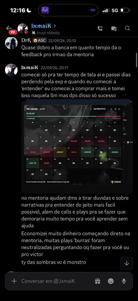Print do aluno JxmaiK: +$148.69. PnL de setembro