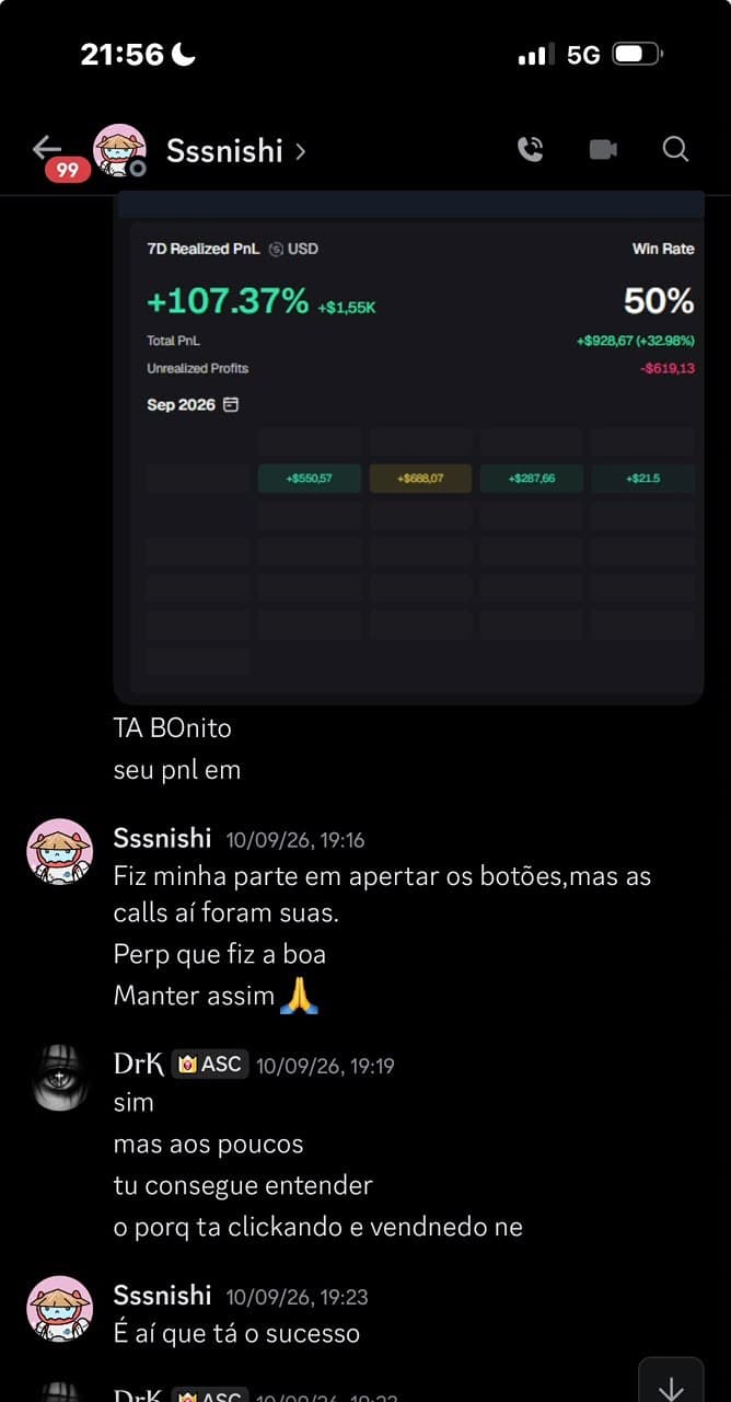 Print do aluno Sssnishi: +107,37%. 7D realizado (+$1,55K) · win rate 50%